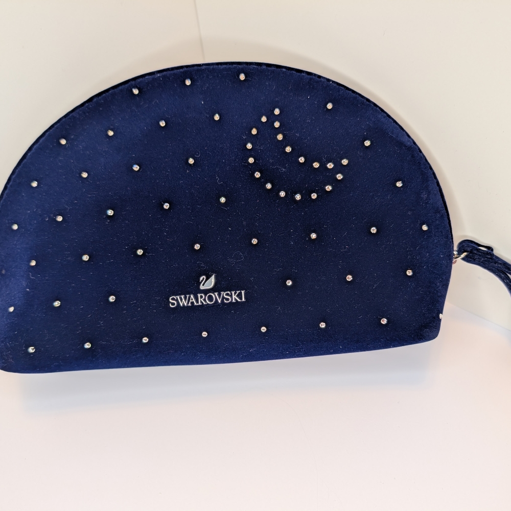 Swarovski navy blue velvet cosmetic pouch with crystal accents
